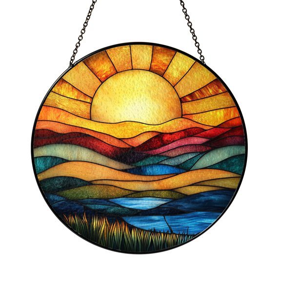 Sunset Landscape Stained Glass Style Suncatcher, Window Hanging Decor Featuring Colorful Sky Over Rolling Land and Horizon
