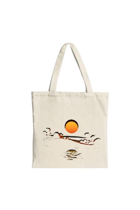 Sunset Landscape Tote Bag - Vibrant Orange Sun Reflective Water Silhouetted Trees & Birds - Perfect for Shopping Travel & Parties