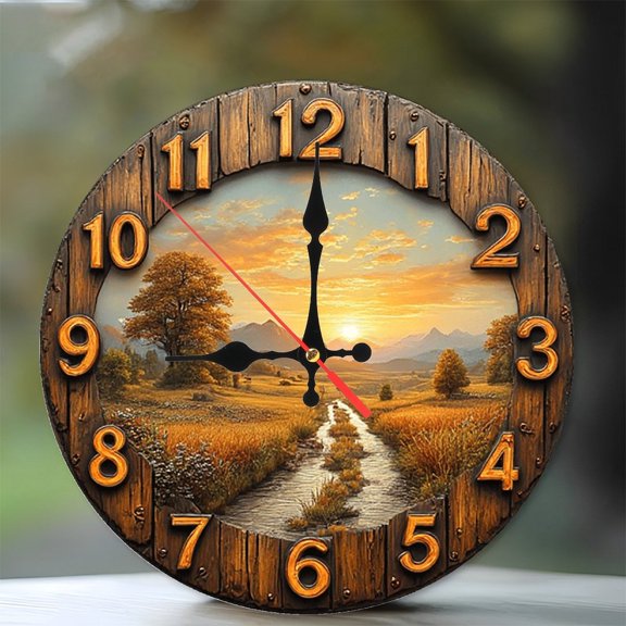 Sunset Landscape Wall Clock Wooden Frame Rustic Decor 10-Inch Silent Wooden Wall Clock, Battery Operated (AA Batteries Not Included), Artistic Home Decor