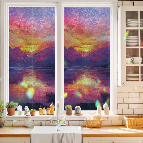 Sunset Landscape Window Privacy Film Lake Reflection Mountain Peaks Pink Purple Static Cling Stained Glass Window Film Non-Adhesive Decorative Decals Rainbow Sticker 19.6"X39.3"