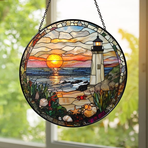 Sunset Lighthouse Beach Stained Glass Suncatcher Glass Panel Coastal Ocean Window Hanging Nautical Seashell Home Decor Beach House