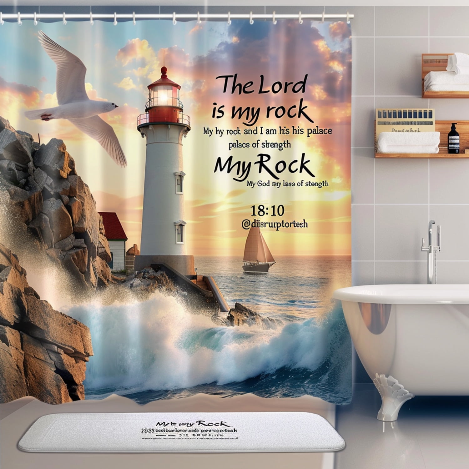Sunset Lighthouse Bible Verse Shower Curtain Proverbs 1810 Ocean Waves