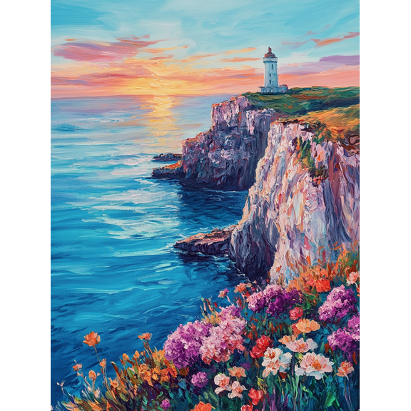 Sunset Lighthouse Coastal Cliff Canvas PaintingPerfect for Living RoomBedroomBathroomOfficeand Hotel Decoration.