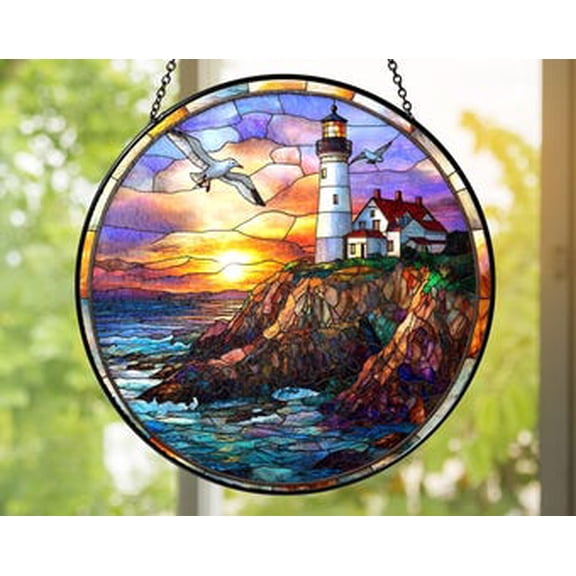 Sunset Lighthouse Glass Suncatcher – Coastal Ocean Window Hanging, Nautical Seaside Glass Panel, Beach House Wall Décor, 3.5 in