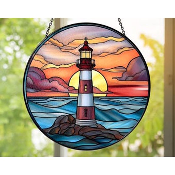 Sunset Lighthouse Glass Suncatcher: Coastal Window Decor, 7.9 in