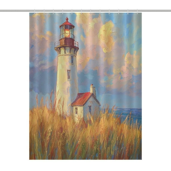 Sunset Lighthouse Shower Curtain , Enchanted Forest Scenic Bathroom Decor Sets, Waterproof Fabric with Hooks
