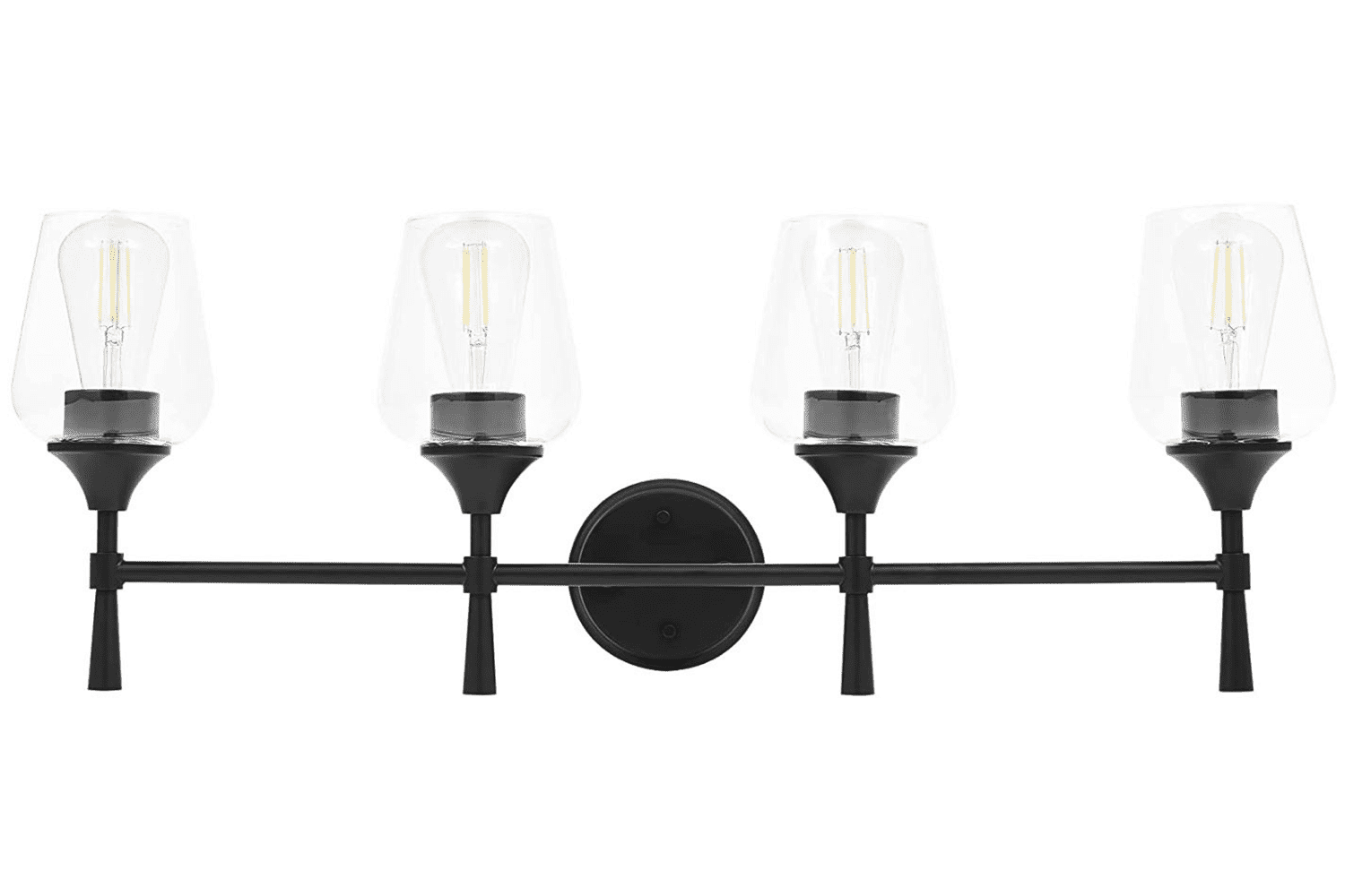 Sunset Lighting Black Vanity Light for Bathroom | Wall Mount Fixture for Over Mirror and Above Sink with Clear Glass Shades 4-Light F27014-31