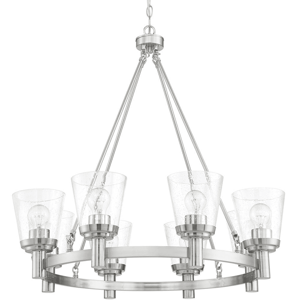 Nickel Wagon Wheel Chandelier with Seeded Glass Shades