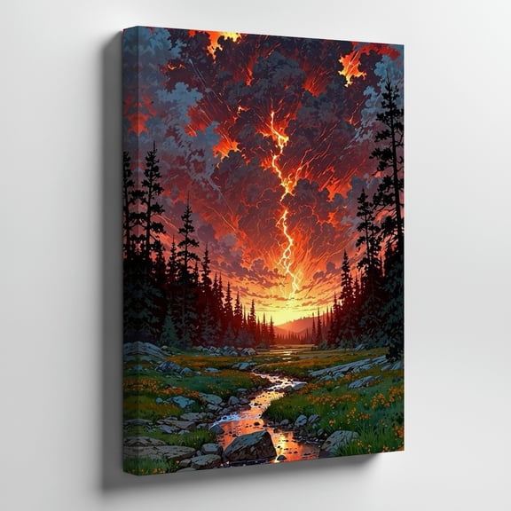 Sunset Lightning Storm Nature Landscape Forest Stream Wall Art Print, Living Room And Gallery Wall Decor