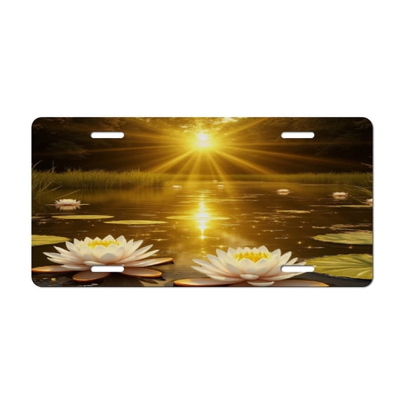 Sunset Lily Pond Car Decorative Front License Plate,Vanity Tag,Metal Car Plate,Aluminum Novelty License Plate for Men/Women Car,6 X 12 Inch