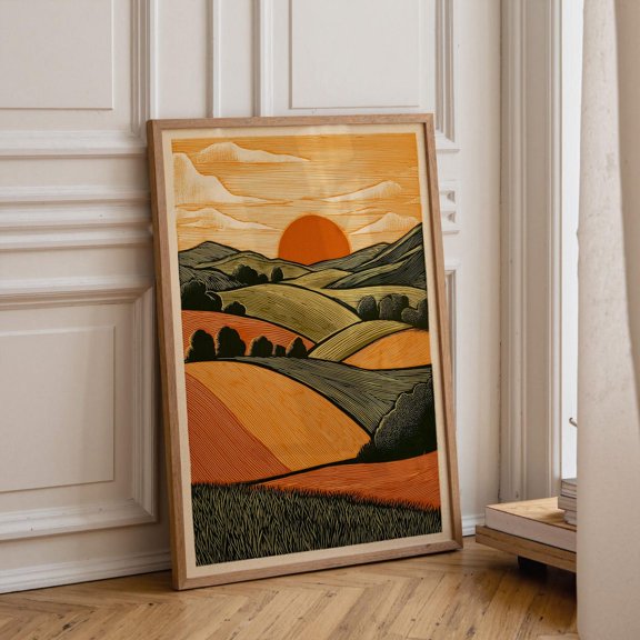 Sunset Linocut Landscape Orange Countryside Rolling Hills, Unframed Poster