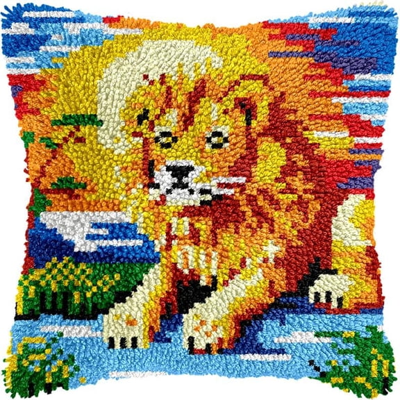Sunset Lion Latch Hook Kits Pillow DIY Rug Crochet Hook Cushion Making Kits Printed Pattern Canvas Pillowcase Hooking Kits Pillow Cover Crochet Kits 43x43cm(fs90)