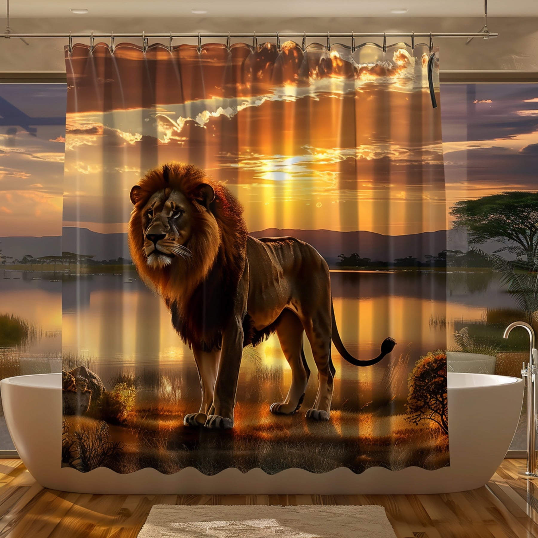Sunset Lions Bathroom Shower Curtain African Savanna Theme Realistic