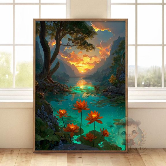 Sunset Lotus Lake , Fantasy Landscape Art Print , Poster , Poster Print Only