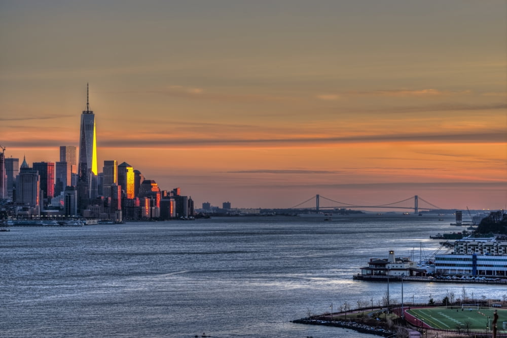 Sunset over Lower Manhattan and the Verrazano-Narrows Bridge Weehawken New Jersey United States of America Canvas Art - F M Kearney Design Pics (38 x 24)