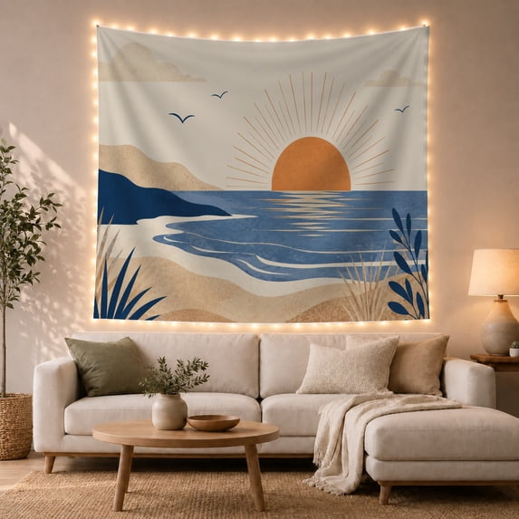 Sunset Main Horizon With Thin Straight Rays Radiating, Mystical Fantasy for Space Lovers, Galaxy Room Decor, Mother's Day Gift, Tapestry Wall Hanging for Bedroom and Dorm