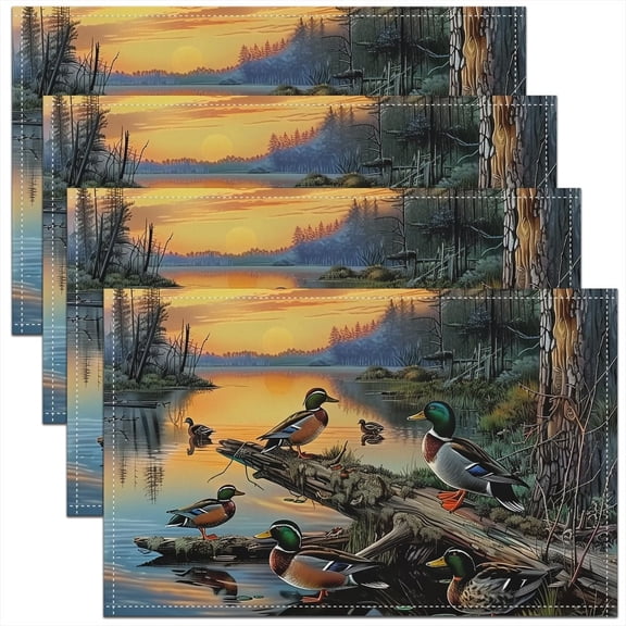 Sunset Mallard Duck 4 PCS of Placemats 12x18 Wildlife Moss Nature Place Mat for Dining Table Dead Wood River Non Slip Table Mats Hunting Blue Yellow