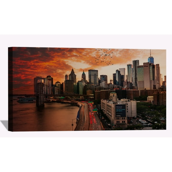 Sunset Over Manhattan Bridge Wall Art City Skyline Picture Canvas Art Downtown Night Framed Painting Wall Decor For Home Office Bedroom Livingroom Ready to Hang