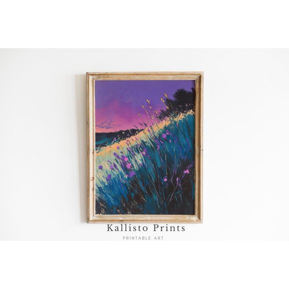 Sunset Meadow Abstract Landscape Wall Art Purple and Teal Print Poster Art, Dusk , Wildflower Field 355, Size 12x18 UNFFRAMED F03.1.6l1818
