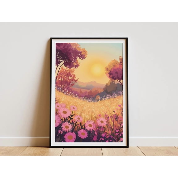 Sunset Meadow Aster Flower Field Poster Unframed Paper Print