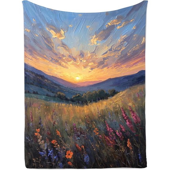 Sunset Meadow Landscape Tapestry, Golden Sky Over Rolling Hills and Wildflowers, Farmhouse Wall Hanging for Bedroom or Living Room, 40 x 60 Inch
