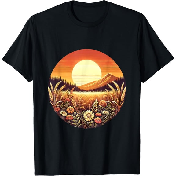 Sunset Meadow Radiant Floral Wildflower Landscape Design T-Shirt