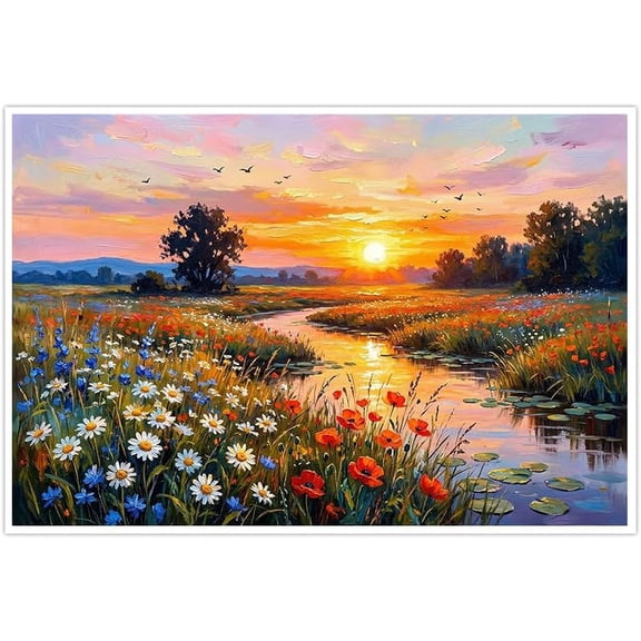 Sunset Meadow River Wall Art Poster Colorful Flower Field Scenic Print Peaceful Landscape Decor Artwork Relaxing Home Decor Ideal Gift for Bedroom Living Room--