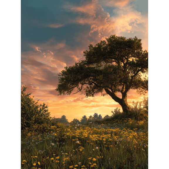Sunset Meadow Tree Canvas Wall Art Print, Living Room Bedroom Kitchen Hallway Decor