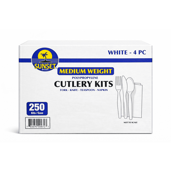 Sunset Medium Weight Plastic Cutlery Kits, White, 4-Piece Set with Teaspoon & Napkin, 250 Count Case
