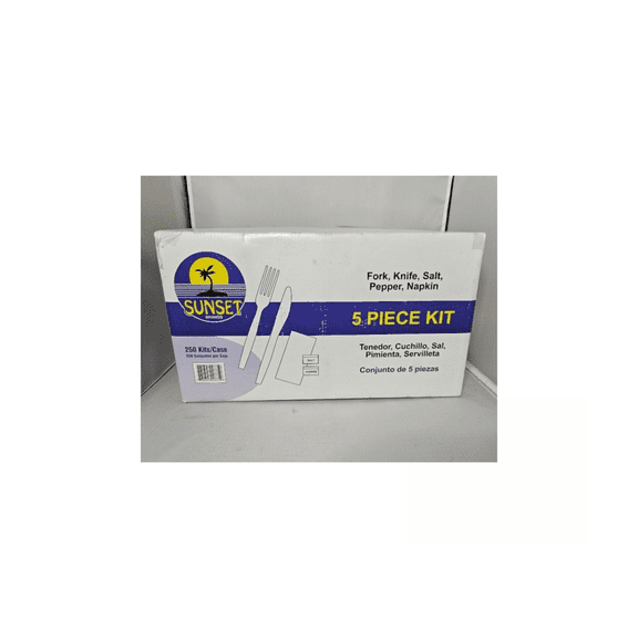 Sunset Medium Weight Plastic Cutlery Kits, White, 5-Piece Set with Napkin, Salt & Pepper, 250 Count Case