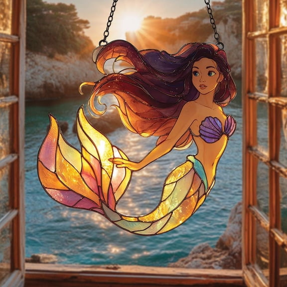 Sunset Mermaid Wavy Acrylic Window Hanging, Colorful Faux Wavy Acrylic Suncatcher, Nautical Rainbow Mermaid Gift Idea