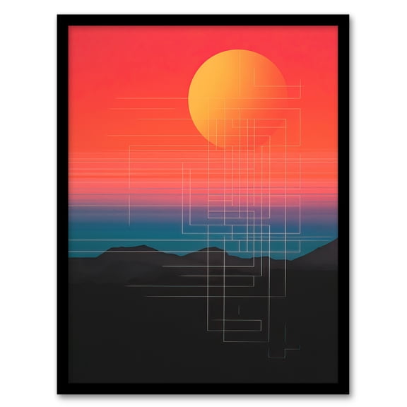 Sunset Modern Digital Abstract Mountain Landscape Colour Gradient Painting Art Print Framed Poster Wall Decor 12x16 inch