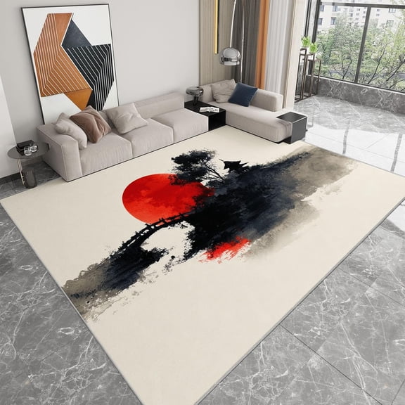 Sunset Mountain Area Rugs, Ink Painting Mountains Silhouettes Sunset Carpet, Washable Non Slip Low Pile Soft Rug for Living Room Bedroom Office Decor Mat 2x3ft