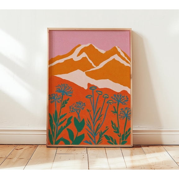 Sunset Mountain Bold Minimalist Landscape Modern Botanical Pink Orange Nature Artwork Home Decor, Stretched Canvas