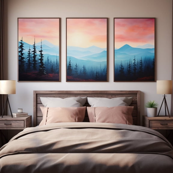 Sunset Mountain Canvas Art Triptych Pastel Landscape Wall Art Set Set 3