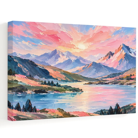 Plint Texture Sunset Mountain Canvas Wall Art, Alpine Lake Mountain Valley Slopes Oil ...
