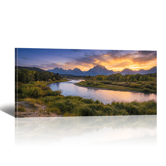 Sunset Mountain Canvas Wall Art with River and Forest Picture Print, Nature Scene Landscape Artwork Modern Paintings for Living Room Bedroom Home Office Decor
