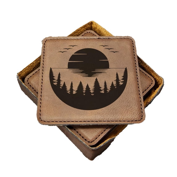 Sunset Mountain Forest Lake - Handmade Coasters Set of 6 - Engraved Barware Decorations - Leather Bar Decor - Man Cave Father's Day Present