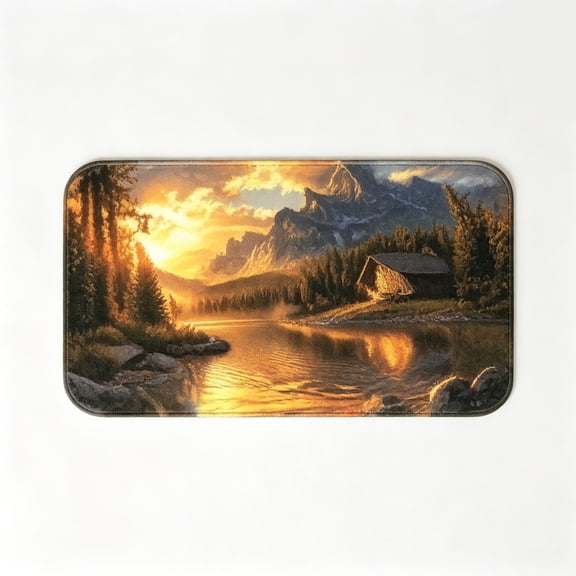 Sunset Mountain Lake Cabin Floor Mat Nature Landscape Rustic Rug
