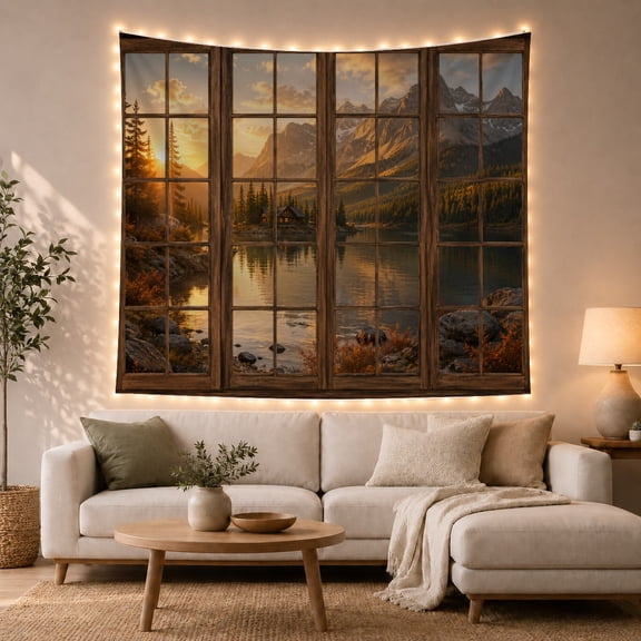 Sunset Over Mountain Lake with Cabin in Wilderness, Serene Digital Art for Nature Lovers, Scenic Landscape Artwork, Thanksgiving Gift, Tapestry Wall Hanging for Living Room and Bedroom