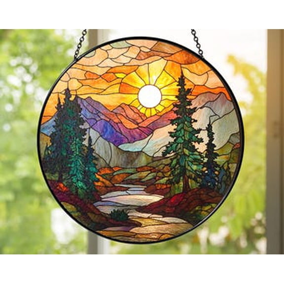 Sunset Mountain Landscape Glass Suncatcher – Nature Scenic Window Hanging, River Forest Glass Panel, Rustic Cabin Wall Décor, 3.5 in