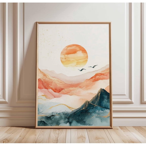 Sunset Mountain Landscape Poster Watercolor Mountains and Sun Abstract Nature Art Tranquil