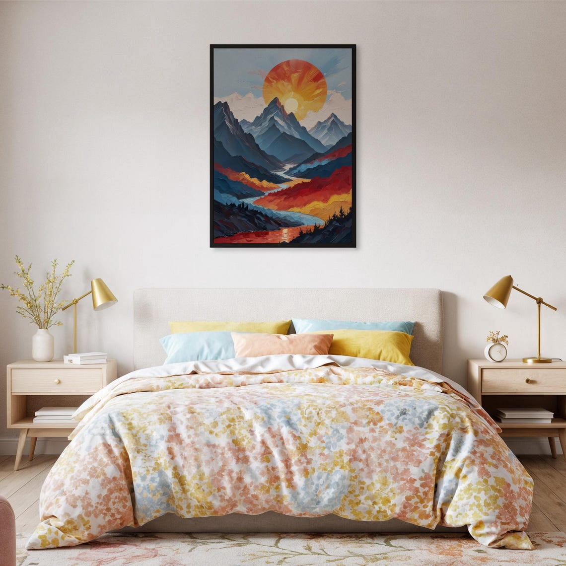 Sunset Mountain Landscape Wall Art Vibrant Nature With River And Peaks ...