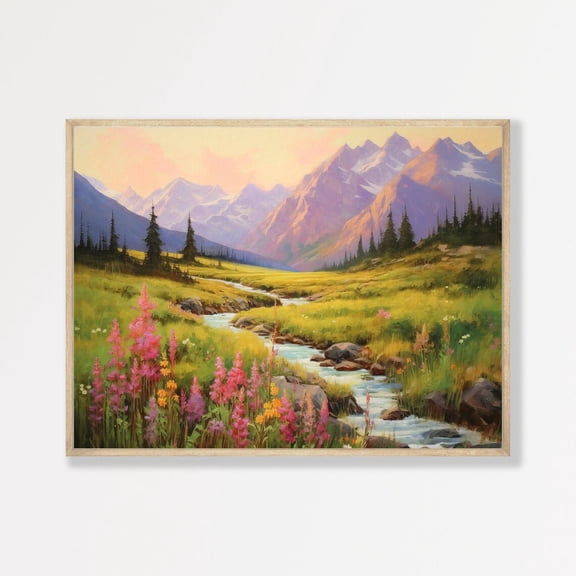Sunset Mountain Landscape Wall Art Vintage Nature Poster