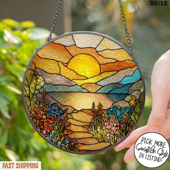 Sunset Mountain Path Glass Suncatcher, Nature Landscape Window Art, Scenic Home, 3.5 in