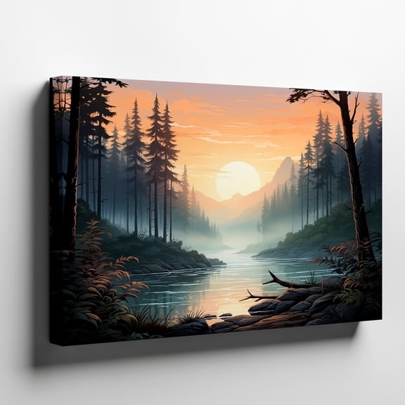 Sunset Mountain River Forest Wall Art Print, Nature Decor