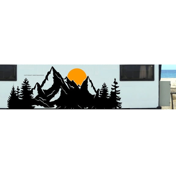 Sunset Mountain Scene Nature Forest RV Camper Truck Decor Decal Sticker 56" x 21" Inches