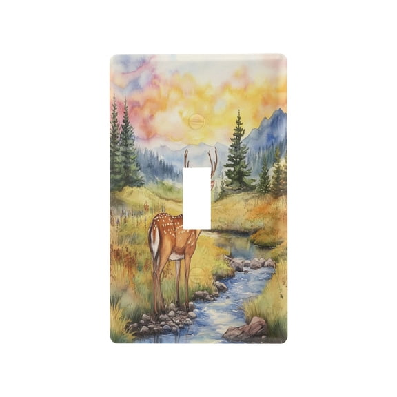 Sunset Mountain Stream Deer Decorative Wall Plate, Flame Retardant PC Plastic Light Switch & Outlet Cover with Mounting Screws Fits Toggle Switch