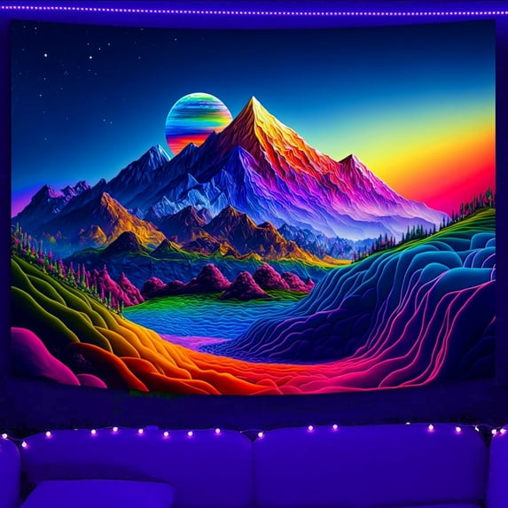 Sunset Mountain Tapestry, Blacklight Colorful Forest Lake UV Reactive Tapestry, Neon Glow in the Dark Starry Stars Nature Landscape Wall Hanging Tapestries for Bedroom - 90" x 70"
