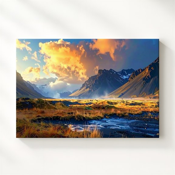 Sunset Mountain Valley Dynamic Landscape With Orange And Blue Sky Wall Art, Living Room And Gallery Wall Decor